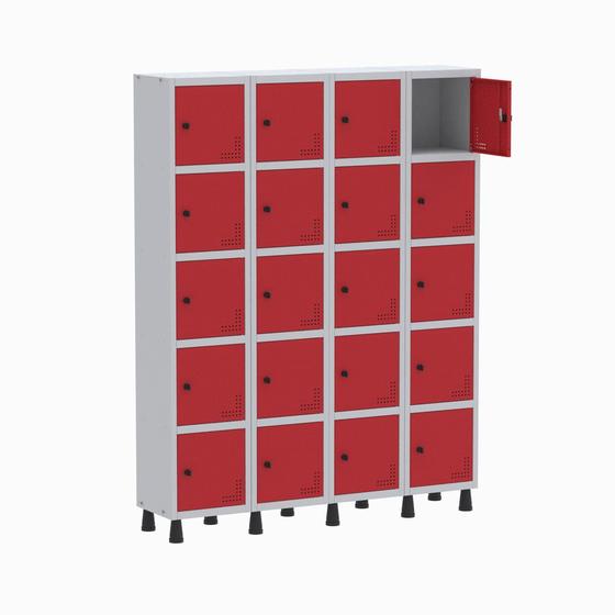 Imagem de Armário Guarda Volume Locker Roupeiro 4 Vãos 20 Portas GR304/20 Light Cinza e Vermelho - Pandin