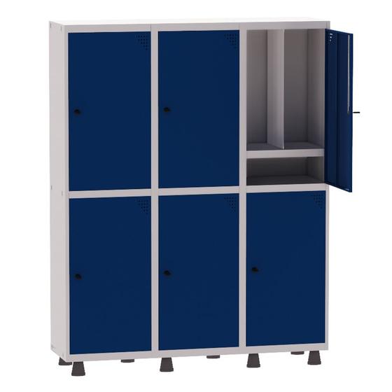 Imagem de Armário Guarda Volume Locker Roupeiro Insalubre 3 Vãos 06 Portas Com Prateleira GRP503/6INSPV Cinza e Azul Del Rey - Pan