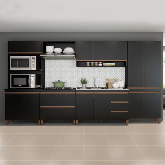 Imagem de Armário Moderno Modulado de Cozinha Completa Sabrina 360x202Cm 6 Peças MDP Preto MENU