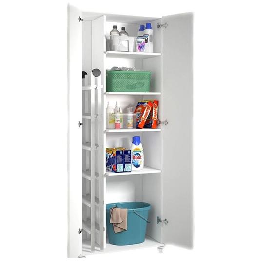 Armário Multiuso para Lavanderia com Porta Vassouras Branco Branco Menor preço em Armário Multiuso para Lavanderia com Porta Vassouras Branco Branco