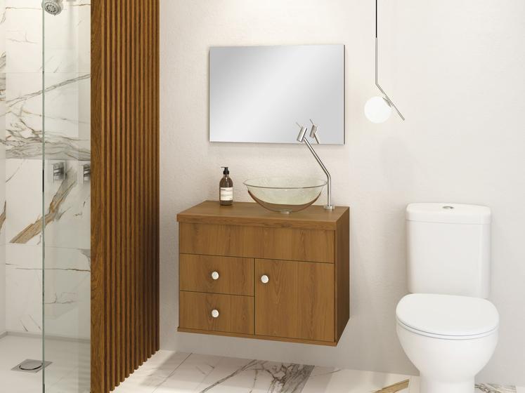 Imagem de Armário Para Banheiro Luna 61x46 MDF Espelho Lapidado e Cuba Vidro  Cor:Freijó