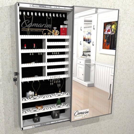 Armário Porta Joia C/ Porta De Espelho em Moldura de Alumínio - PC130 BRANCO - VELUDO PRETO Menor preço em Armário Porta Joia C/ Porta De Espelho em Moldura de Alumínio - PC130 BRANCO - VELUDO PRETO