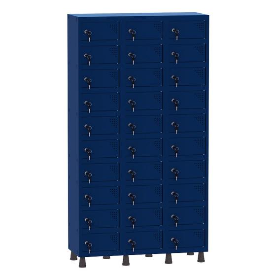 Imagem de Armário Porta Objetos de Aço 3 Vãos 30 Portas Fechadura Pandin 1,90 m Azul Del Rey