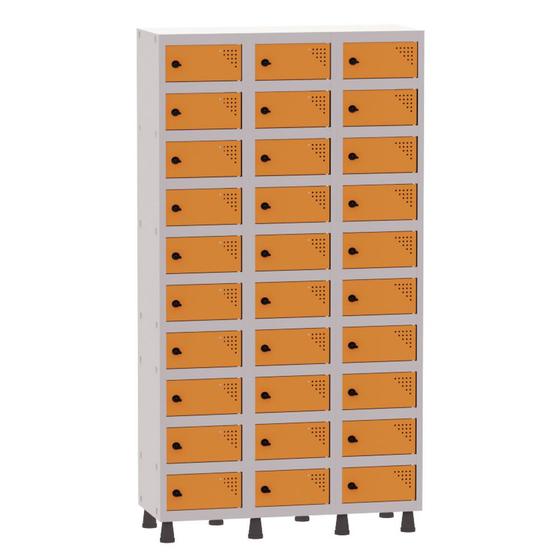 Imagem de Armário Porta Objetos de Aço 3 Vãos 30 Portas Pitão Pandin 1,90 m Cinza e Laranja Picasso