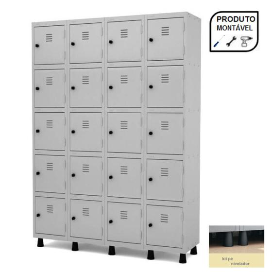 Imagem de Armário Roupeiro de Aço 20 Portas 4 Vaos Locker Guarda Volumes Montável 1.93x1.38x0.40m Vestiário Cinza Pandin 10009