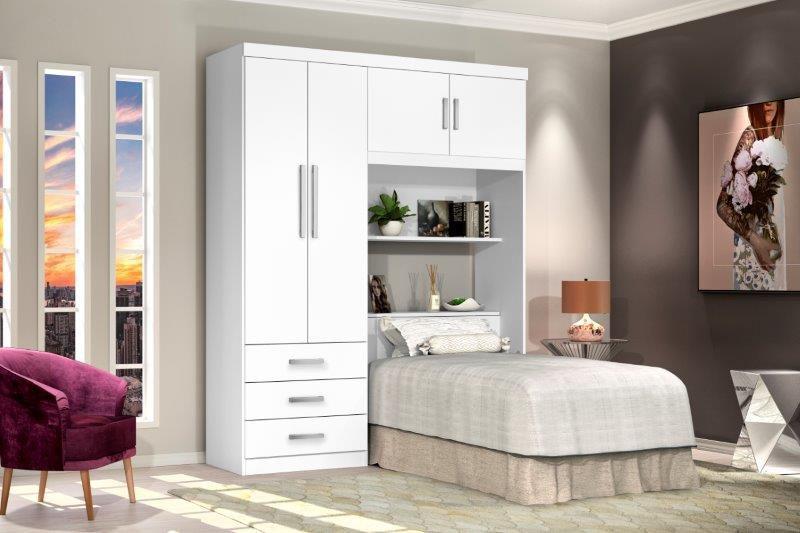 Imagem de Armário Roupeiro Guarda Roupas Solteiro com Cama + Baú na Cabeceira CAN 4 Portas Multi-função 3 gavetas Cor Branco