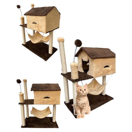 Imagem de Arranhador Casa Com Rede Para Gato Brinquedo Bolinha