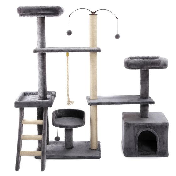 Imagem de Arranhador de gato grande, luxuoso, ajustável, multifuncional com casa, camas, poleiros, escada, corda e brinquedo giratório