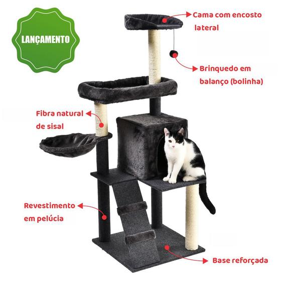 Imagem de Arranhador de gato luxuoso, multifuncional com casa, camas, cesto, poleiros e brinquedo