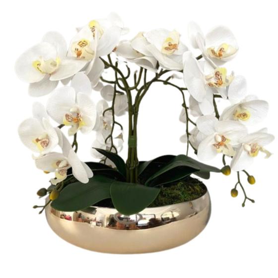 Imagem de Arranjo 4 Flores De Orquídeas Brancas 3D Vaso Dourado G