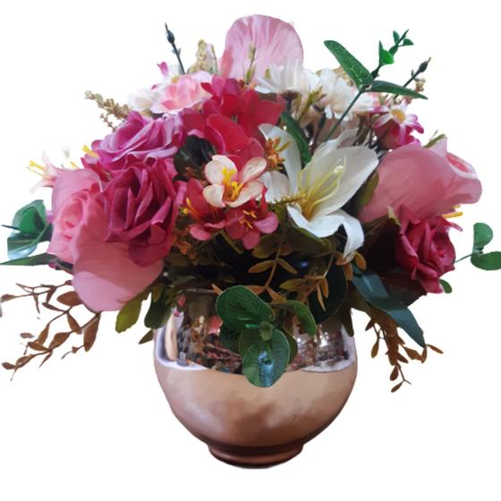 Arranjo Centro de Mesa Flores Artificiais Rosa e tons de rose em Vaso ...