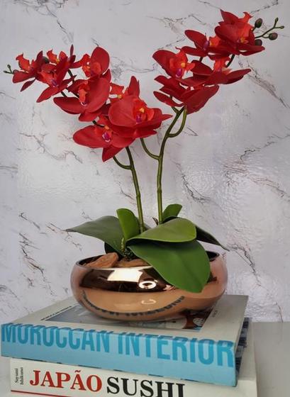 Imagem de Arranjo Com 2 Orquídeas Vermelha Vaso Cobre 22cm