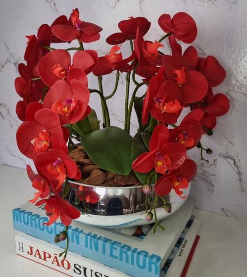 Imagem de Arranjo Com 4 Orquídeas Vermelho Vaso Prata 28cm