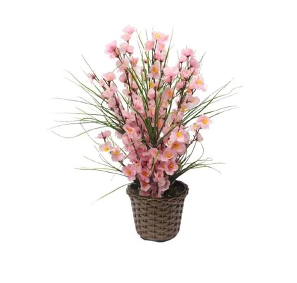 Imagem de Arranjo de mesa flores artificiais galhos de flor de cerejeira sakura rosa vaso junco decoração