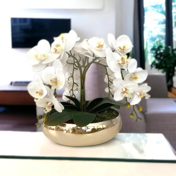 Imagem de Arranjo de Mesa Flores Orquídeas no Vaso Dourado 50x50cm