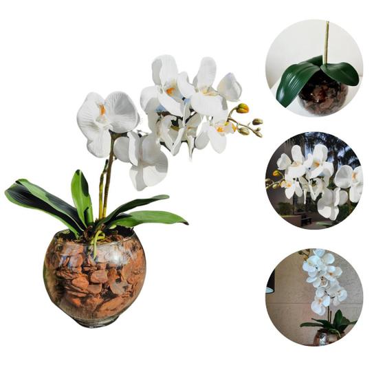 Imagem de Arranjo De Orquídea Artificial Branca 60cm Com Vaso De Vidro