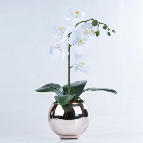 Imagem de Arranjo de Orquídea Artificial Branca em Aquário Rose Gold Bella