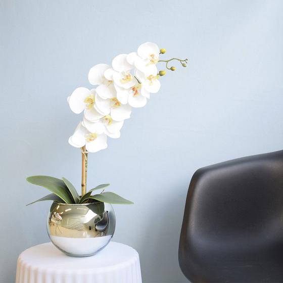 Imagem de Arranjo de Orquídea Artificial Branca no Vaso de Vidro Espelhado Prata