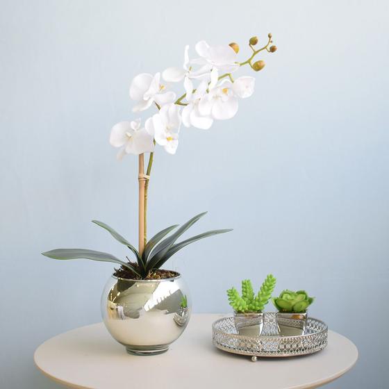 Imagem de Arranjo de Orquídea Artificial Branca no Vaso Prateado P