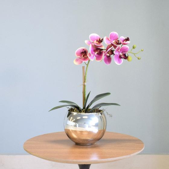 Imagem de Arranjo de Orquídea Artificial Rosa no Vaso Médio Espelhado Prata