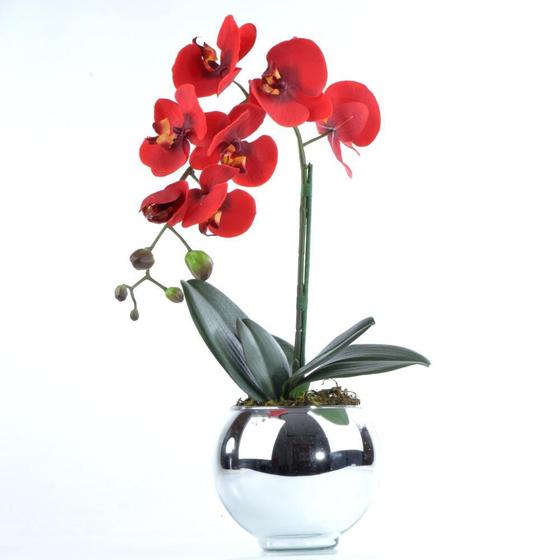 Imagem de Arranjo de Orquídea Artificial Vermelha em Vaso Prata Alice