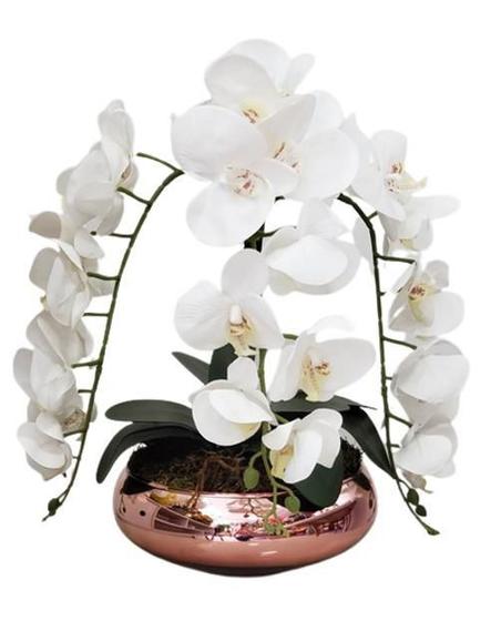 Imagem de Arranjo Flores 3 Orquídeas Branca Toque Real Com Vaso Vidro