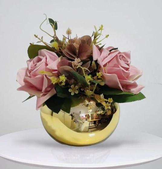 Imagem de Arranjo Flores Artificiais Rosas Vaso Dourado 30x25cm