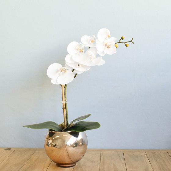 Arranjo Orquídea Branca de Silicone no Vaso Rose Gold  Formosinha