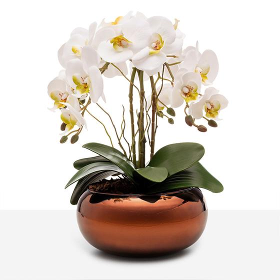 Imagem de Arranjo Orquídea Silicone 4 Hastes Vaso Espelhado Wood Luxo