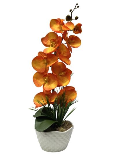 Imagem de Arranjo Orquídea Silicone Toque Real Vaso Branco Orquídea Laranja