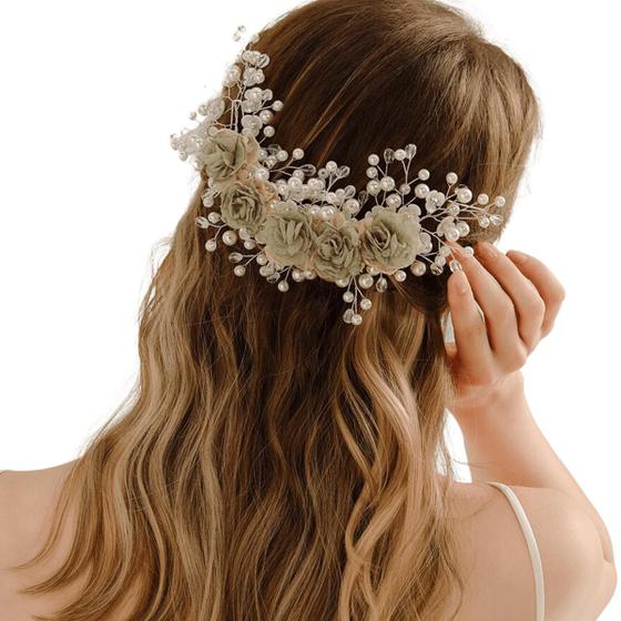 Imagem de Arranjo Tiara Cabelo Flores Verdes Noivas Daminha Delicado