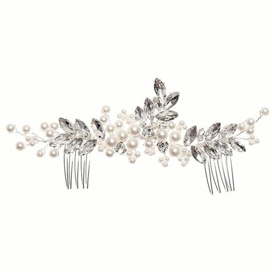 Imagem de Arranjo Tiara Cabelo Noivas Pérola Prateado Alto Luxo Strass