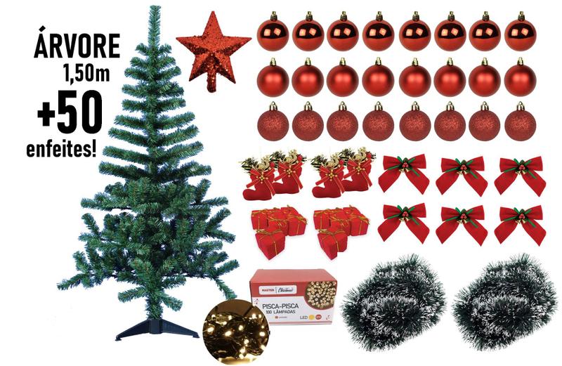 Imagem de Árvore de Natal 1,50m Com 50 Enfeites Incluso Pisca LED 100 Lâmpadas - Master Christmas