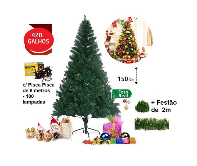 Imagem de Árvore De Natal Luxo Verde 1,50M 420 Pontas c/ Pisca Pisca + Festão Base de Ferro