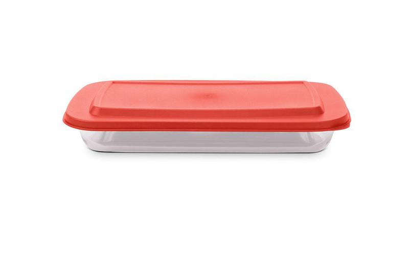 Imagem de Assadeira de vidro com tampa Cheff 3L retangular para pratos quentes e frios, vermelha Brinox