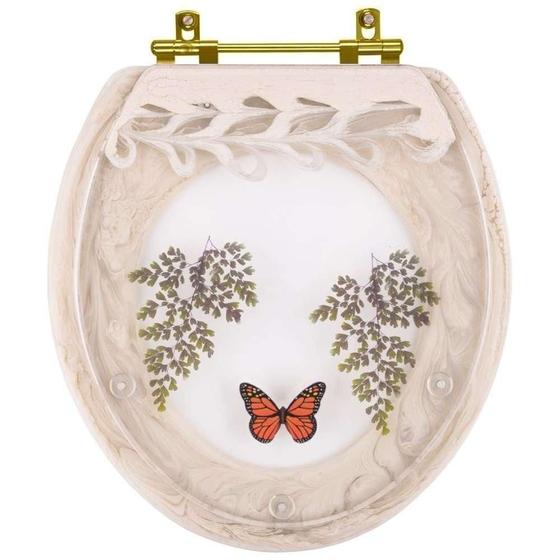 Imagem de Assento Sanitário Poliester Decorado Oval Convencional Bege Claro Avenca com Borboleta Vermelha Com Ferragem Dourada