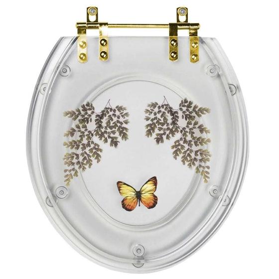 Imagem de Assento Sanitário Poliester Oval Transparente Decorado Borboleta Amarela Com Ferragem Dourada