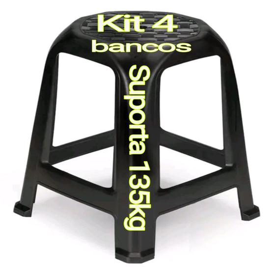 Imagem de Assentos Banquinhos Kit com 4  em Plástico Reforçado Preto Bancos Cadeiras Aguenta até 135kg