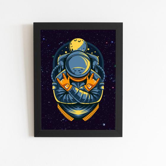 Imagem de Astronauta Azul Desenho Lua Quadro Moldura Preta 60x40cm