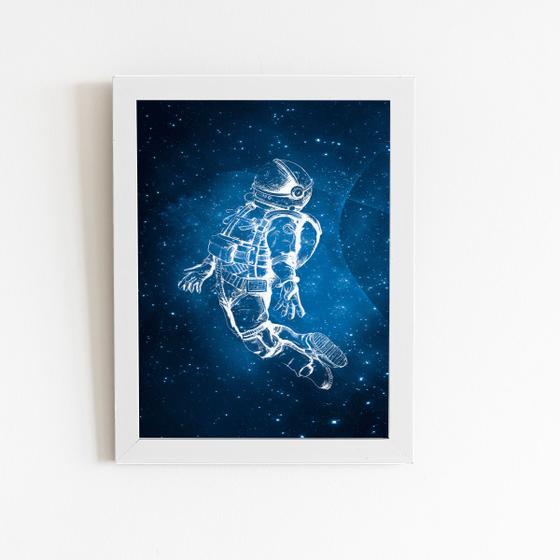 Imagem de Astronauta Universo Azul Neon Quadro Moldura Branca 60x40cm