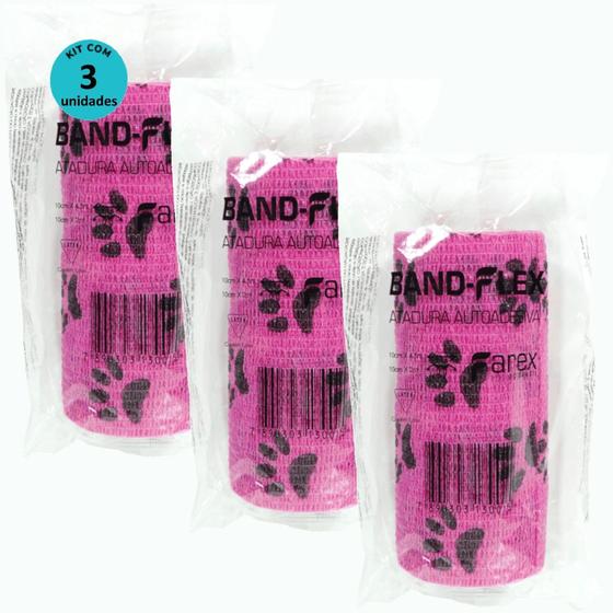 Imagem de Atadura 10cm Rosa Com PatinhasBand-FlexAutoadesiva Para Animais Farex Kit Com 3