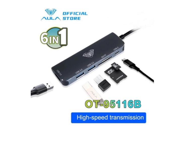 Imagem de Aula OT-95116B 6 in 1 USB C to USB 3.0 x 3 and PD Port / SD Card Slot / Micro SD card Slot