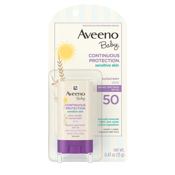 Imagem de Aveeno Baby Proteção Contínua Sensível Pele Mineral Protetor Solar Com Amplo Espectro SPF 50 para Face & Corpo, Naturalmente Originado 100% Óxido de Zinco, Tamanho da Viagem, 0,47 Oz