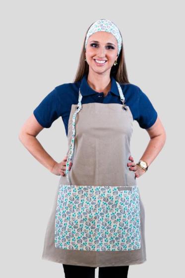 Imagem de Avental de Frente Feminino Sumaia Letícia, Com Bolsos e Regulagem Para Profissionais da Cozinha- Floral Verde-Azul