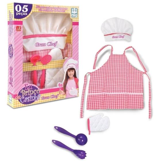 Imagem de Avental Infantil + Chapéu Rosa Com Colherzinha Kit Cozinha Faz de Conta Gran Chef