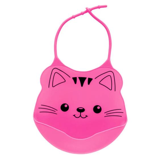 Imagem de Babador Silicone Para Bebê +3 Meses Impermeável com Bolso Coletor de Migalhas Gatinho Rosa Buba