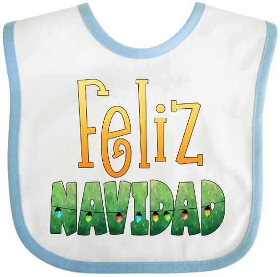 Imagem de Babete de bebê inktastic Feliz Navidad Christmas Tree Lights branco/azul