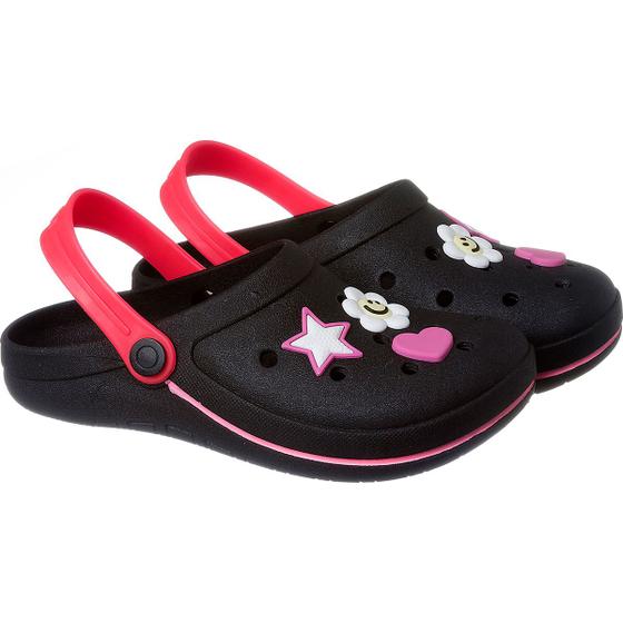 Imagem de Babuche infantil menina Preto Pink Neon com aplique escolar