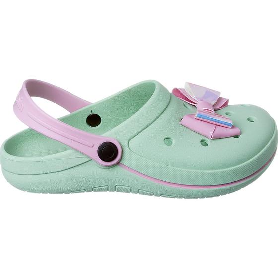 Imagem de Babuche infantil menina verde/rosa com laço escolar