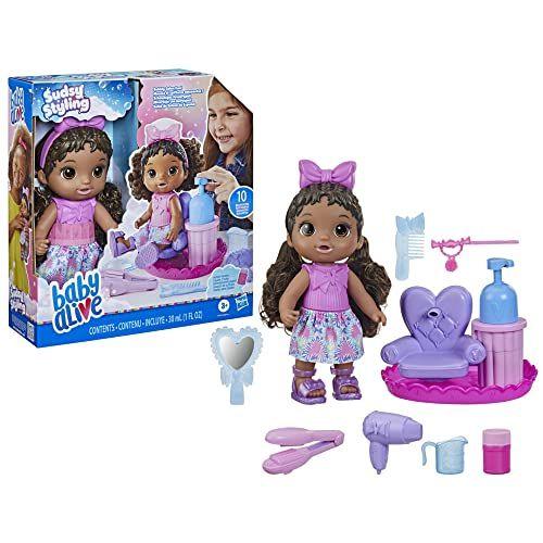 Imagem de Baby Alive Sudsy Styling Doll, Cabelo Preto, Inclui Boneca bebê de 12 polegadas, cadeira de salão, acessórios de boneca, brinquedos para meninas e meninos de 3 anos e up